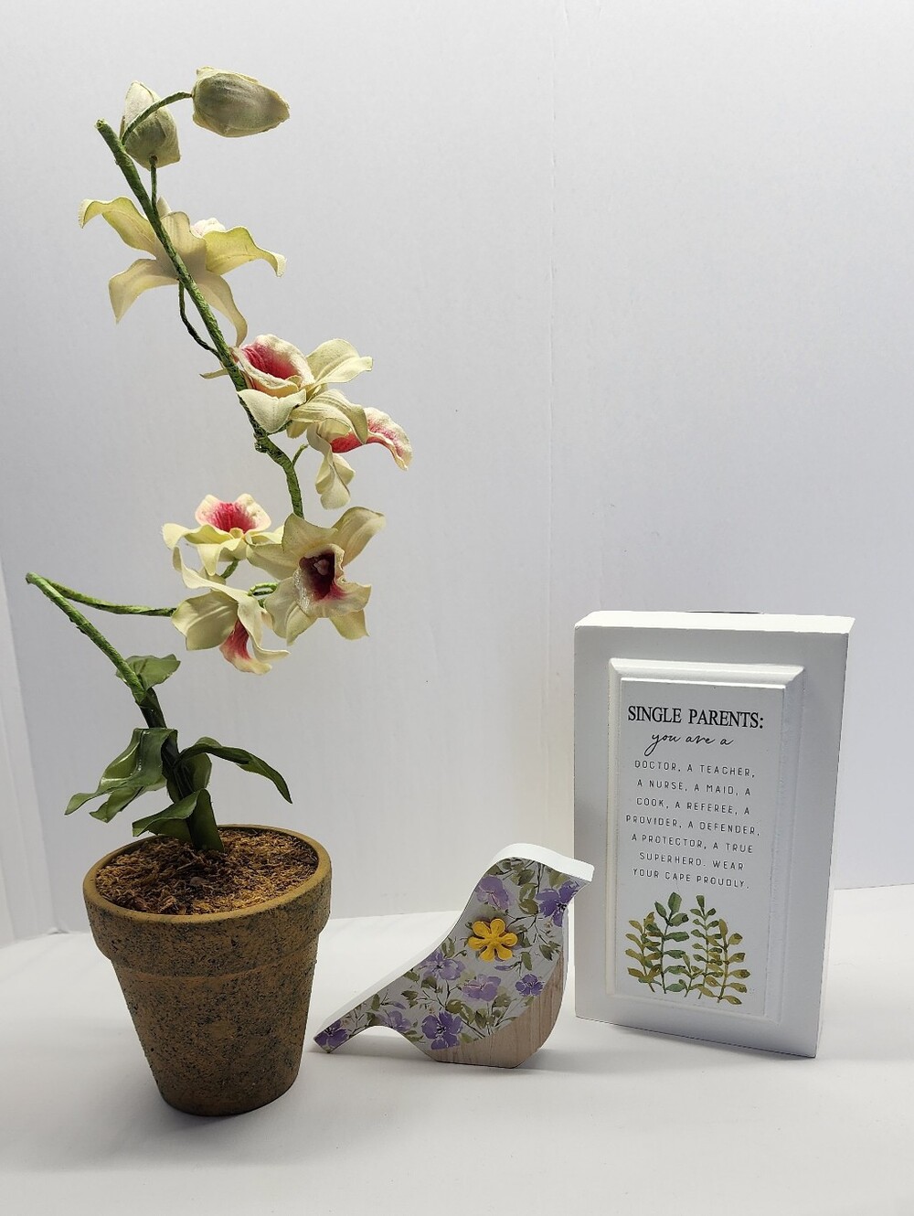 3pc Artificial Orchid, Wooden Bird & Single Parent Inspirational Home Accents